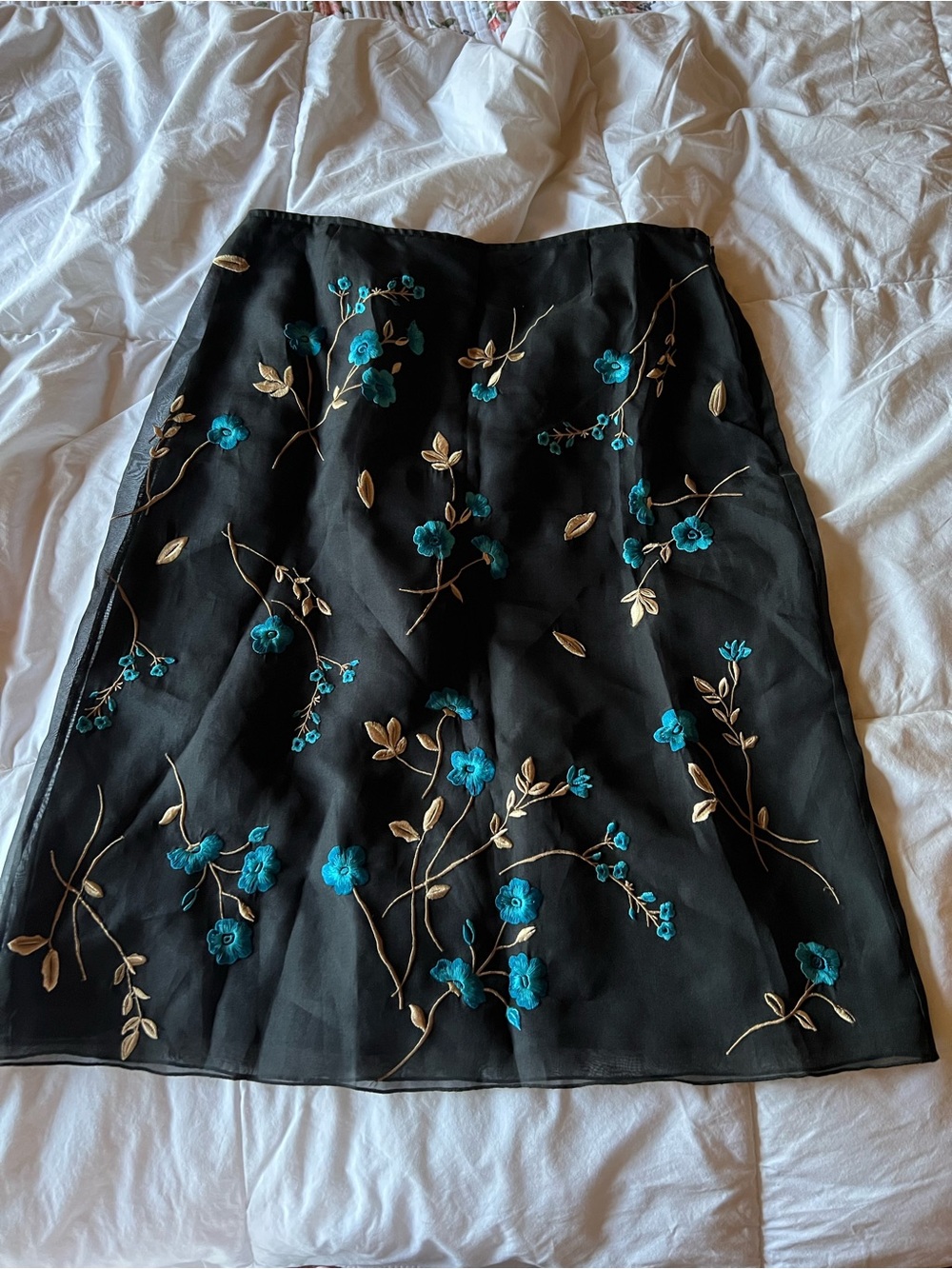 INC International Concepts Black A-Line Skirt with Teal & Gold Floral Embroidery